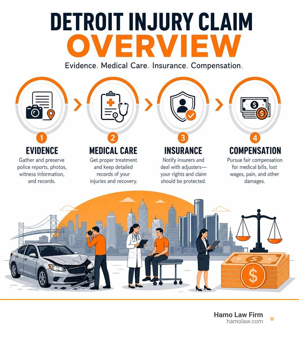 Detroit injury claim overview: evidence, medical care, insurance, compensation infographic