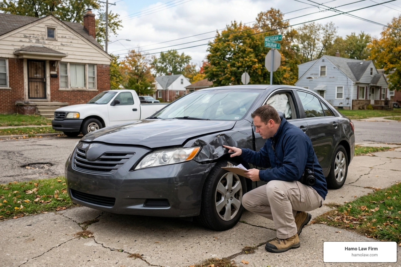 Insurance adjuster inspecting a damaged vehicle in Flint MI Insurance adjuster inspecting a damaged vehicle in Flint MI