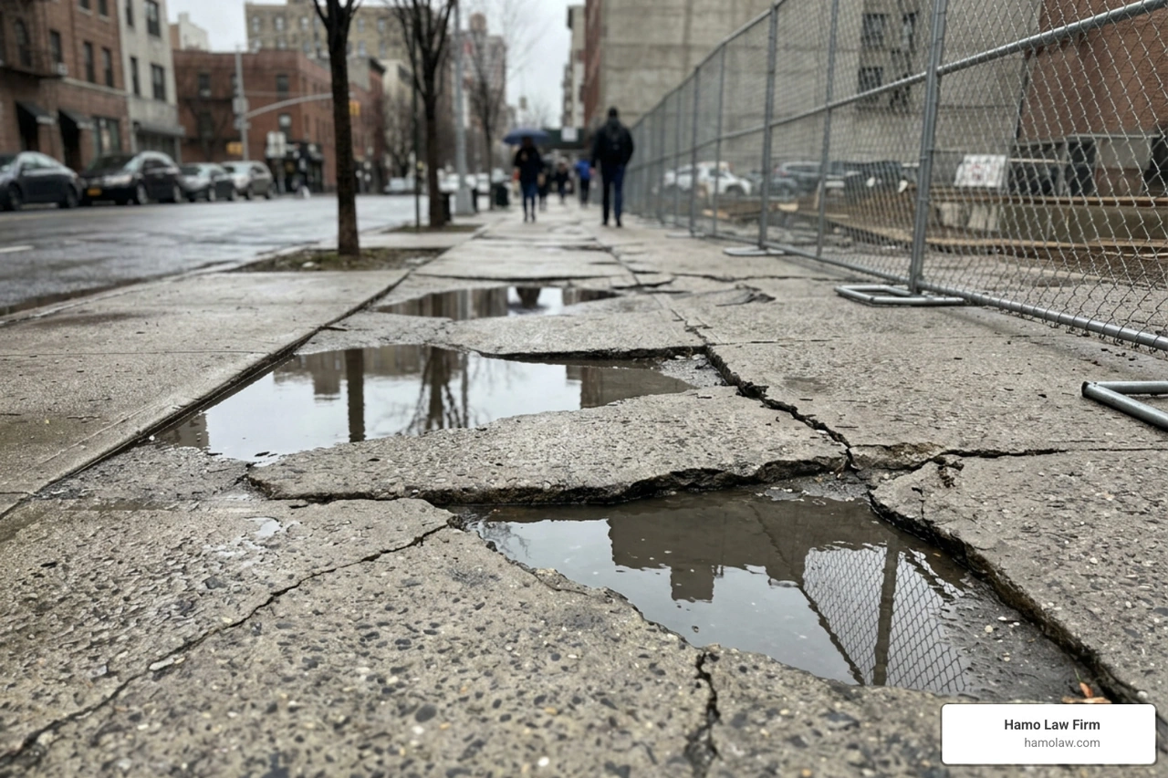 IMAGE of a hazardous walkway with cracked pavement and pooled water IMAGE of a hazardous walkway with cracked pavement and pooled water