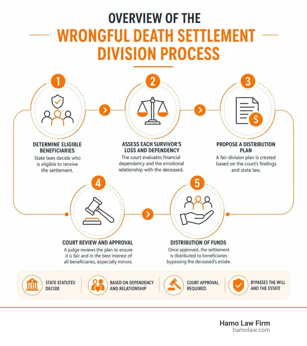 Overview of the wrongful death settlement division process infographic Overview of the wrongful death settlement division process infographic