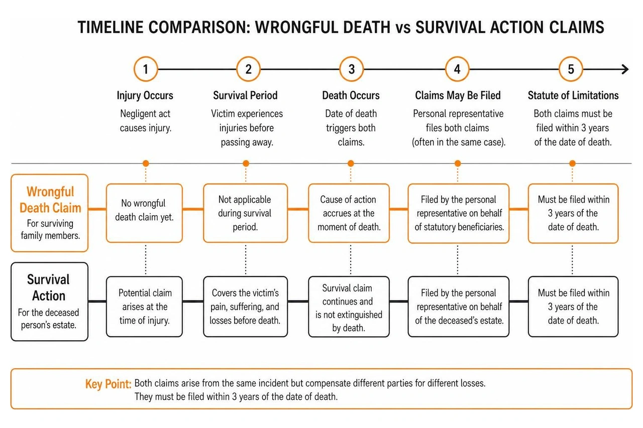 Timeline comparison of wrongful death vs survival action claims Timeline comparison of wrongful death vs survival action claims