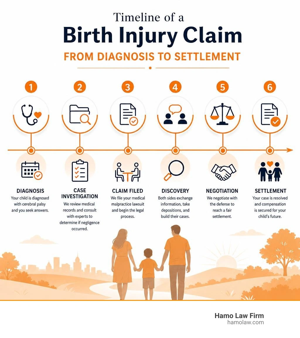Timeline of a birth injury claim from diagnosis to settlement infographic infographic Timeline of a birth injury claim from diagnosis to settlement infographic infographic