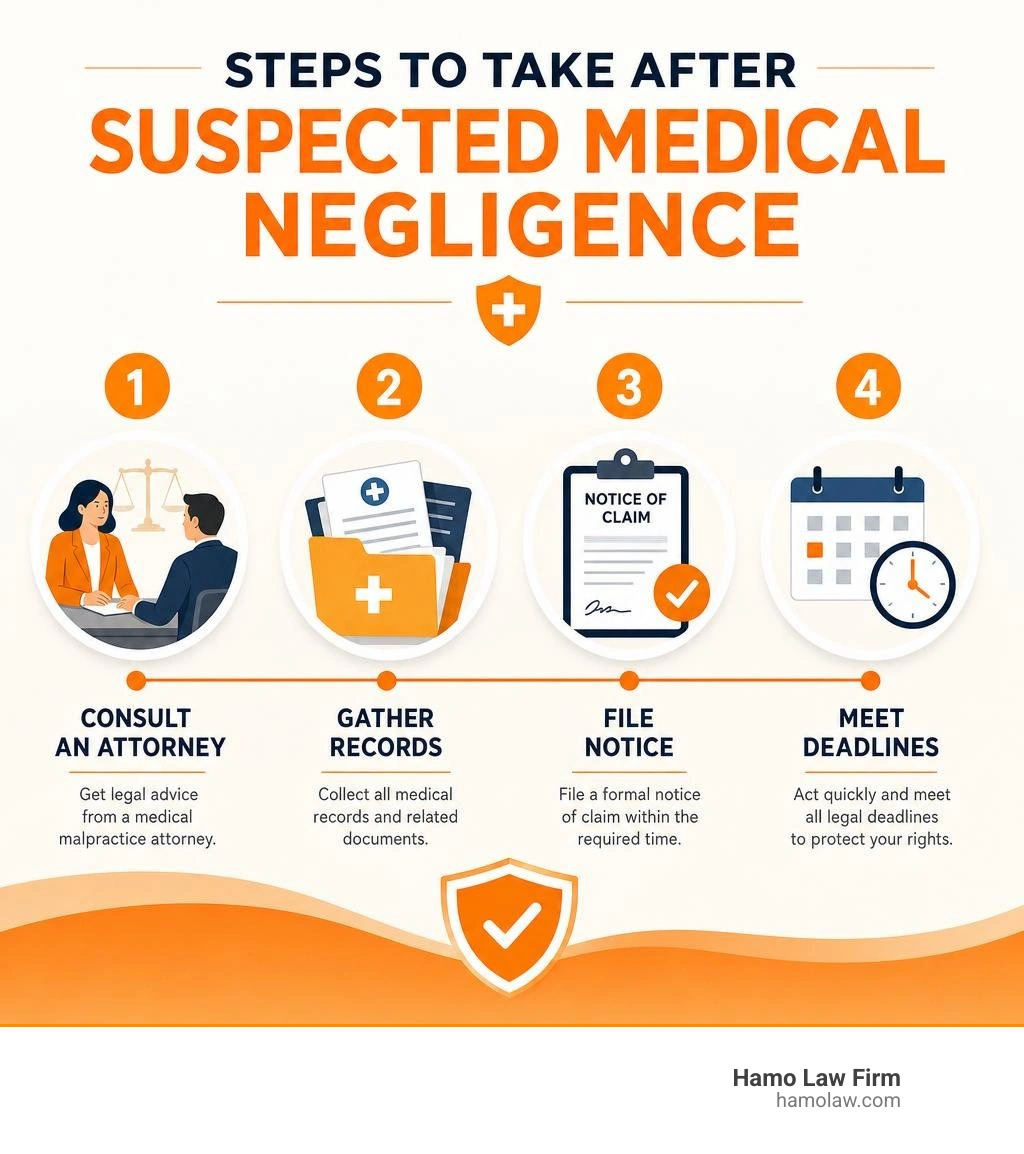 Steps to take after suspected medical negligence: consult attorney, gather records, file notice, meet deadlines infographic Steps to take after suspected medical negligence: consult attorney, gather records, file notice, meet deadlines infographic