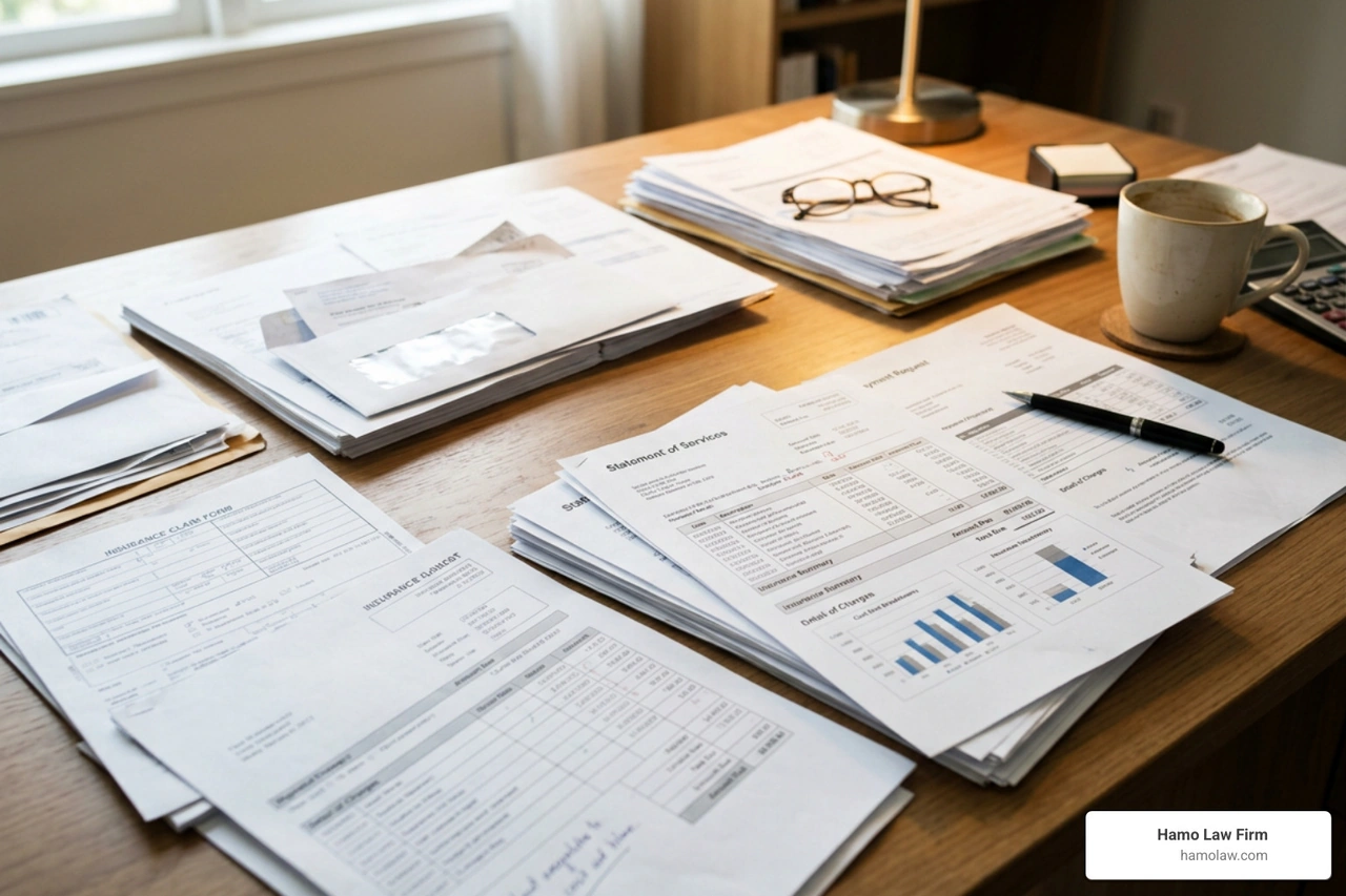 Medical bills and financial documents representing the cost of malpractice injuries Medical bills and financial documents representing the cost of malpractice injuries