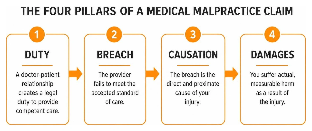 The Four Pillars of a Medical Malpractice Claim: Duty, Breach, Causation, Damages The Four Pillars of a Medical Malpractice Claim: Duty, Breach, Causation, Damages