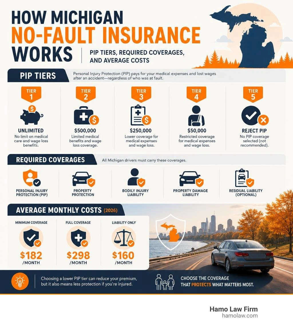 How Michigan no-fault insurance works - PIP tiers, required coverages, and average costs infographic How Michigan no-fault insurance works - PIP tiers, required coverages, and average costs infographic