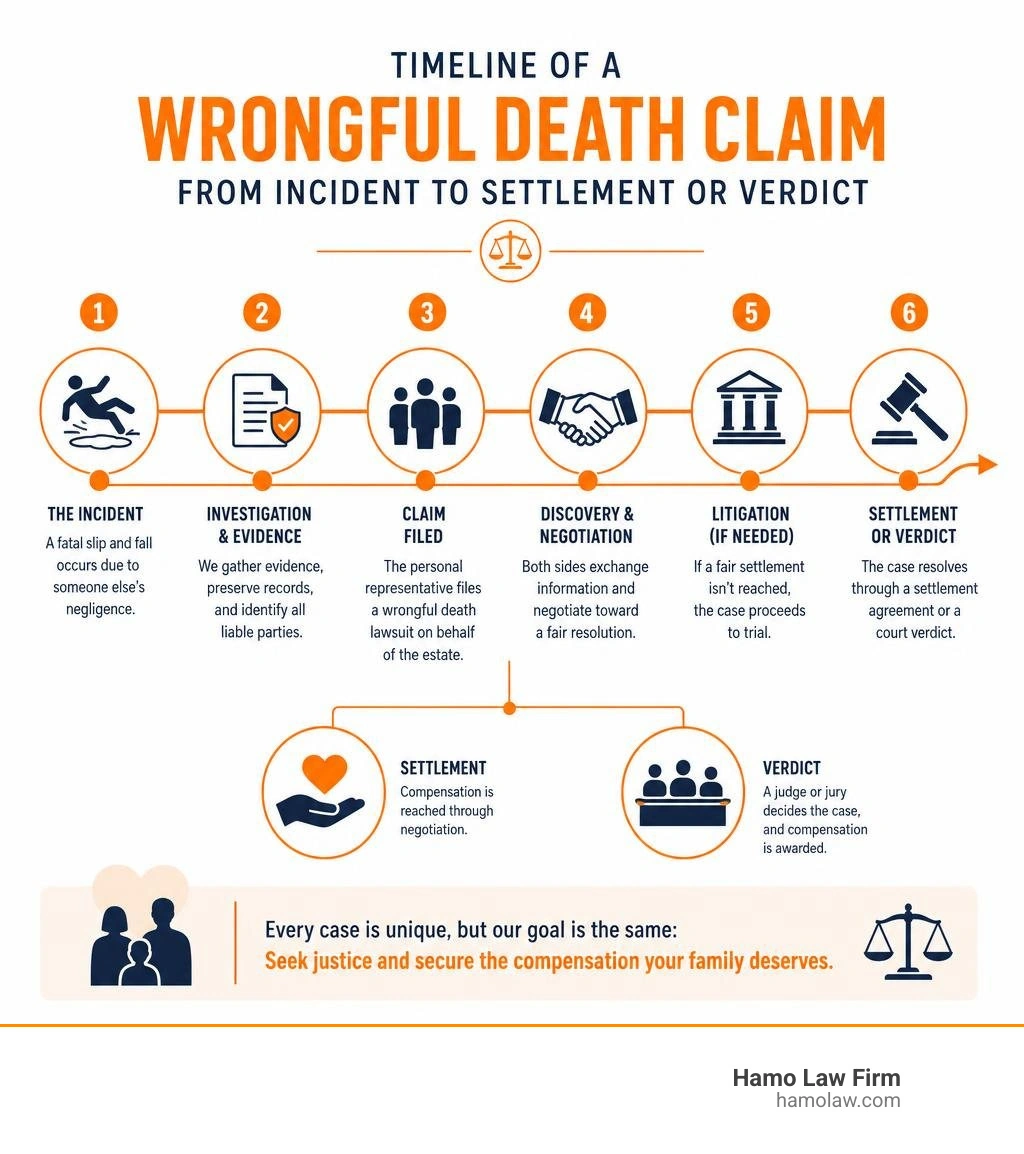 Timeline of a wrongful death claim from incident to settlement or verdict infographic Timeline of a wrongful death claim from incident to settlement or verdict infographic