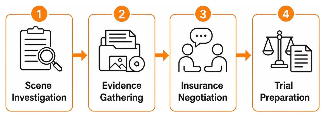 Step-by-step legal representation process: scene investigation, evidence gathering, insurance negotiation, trial preparation Step-by-step legal representation process: scene investigation, evidence gathering, insurance negotiation, trial preparation