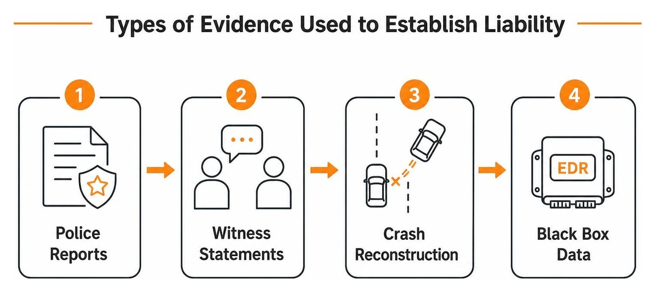 Types of evidence used to establish liability: police reports, witness statements, crash reconstruction, black box data Types of evidence used to establish liability: police reports, witness statements, crash reconstruction, black box data