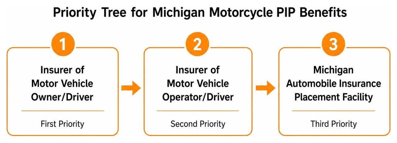 Priority tree for Michigan motorcycle PIP benefits: insurer of motor vehicle owner/driver, insurer of motorcycle, Michigan Priority tree for Michigan motorcycle PIP benefits: insurer of motor vehicle owner/driver, insurer of motorcycle, Michigan