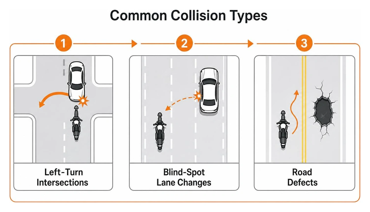 Common collision types: left-turn intersections, blind-spot lane changes, road defects Common collision types: left-turn intersections, blind-spot lane changes, road defects