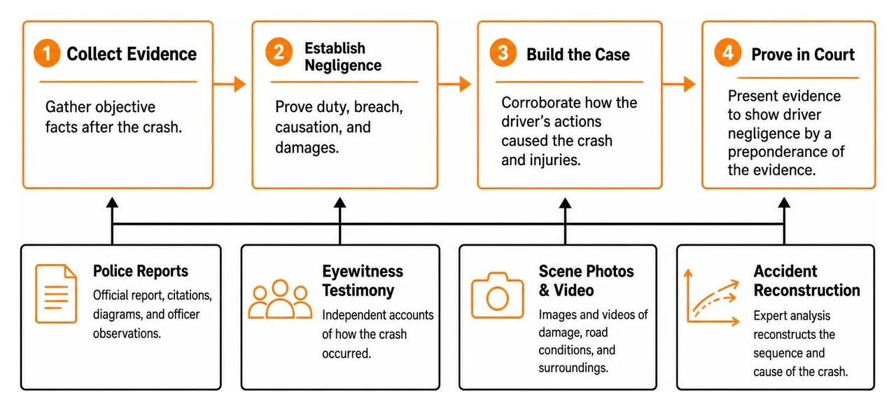 Cause-and-effect chain of evidence gathering to prove driver negligence in court Cause-and-effect chain of evidence gathering to prove driver negligence in court