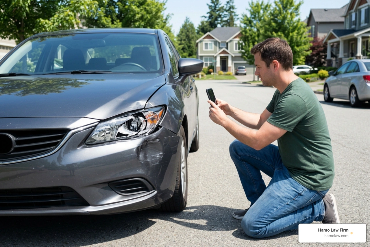 Driver taking photographic evidence of vehicle damage on a smartphone following an accident Driver taking photographic evidence of vehicle damage on a smartphone following an accident