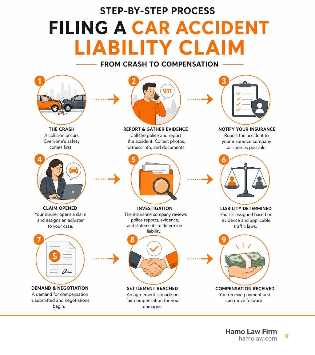 Step-by-step process of filing a car accident liability claim from crash to compensation infographic Step-by-step process of filing a car accident liability claim from crash to compensation infographic