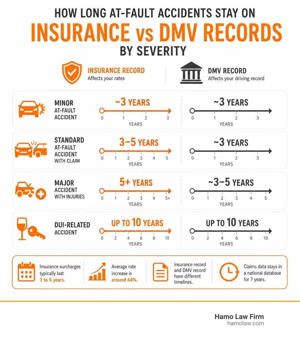 Timeline infographic showing how long at-fault accidents stay on insurance vs DMV records by severity infographic Timeline infographic showing how long at-fault accidents stay on insurance vs DMV records by severity infographic