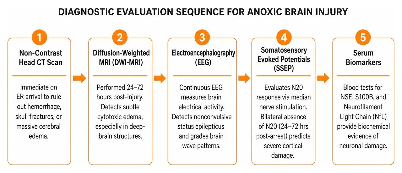 Diagnostic evaluation sequence for evaluating anoxic brain injury
