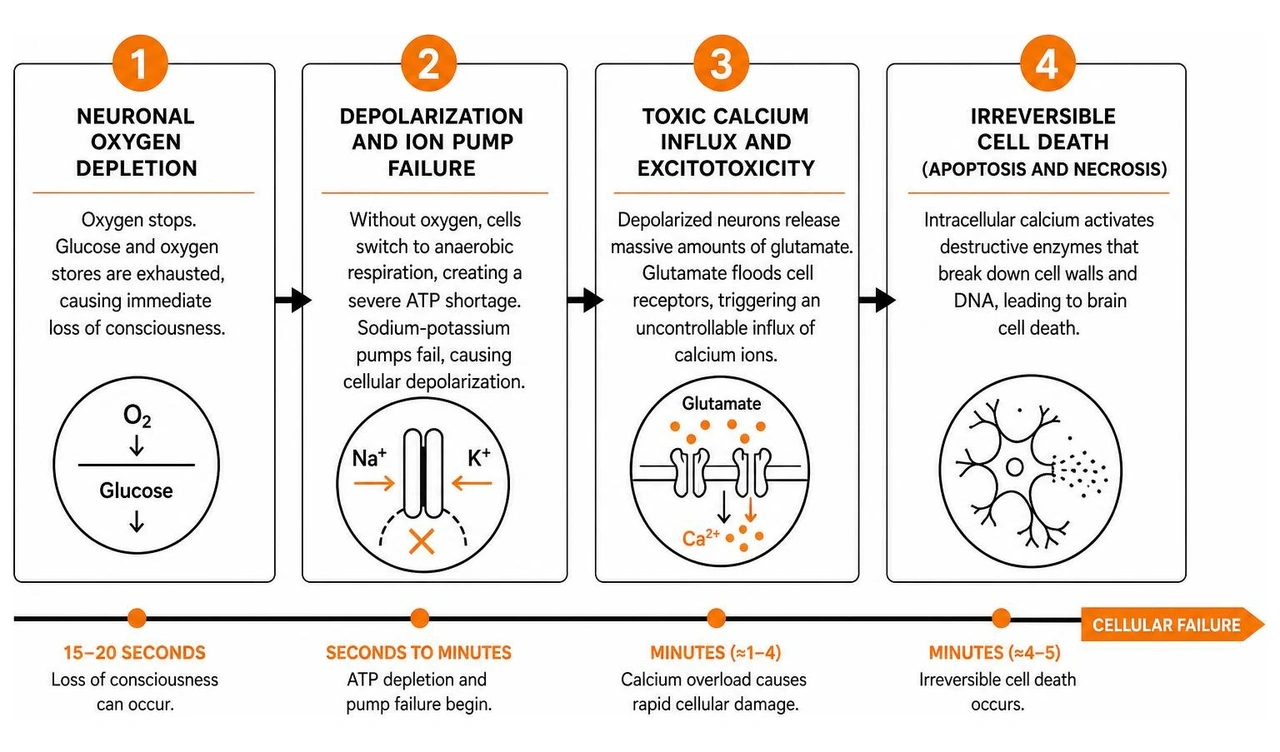 Cellular mechanics of brain oxygen deprivation and cellular failure