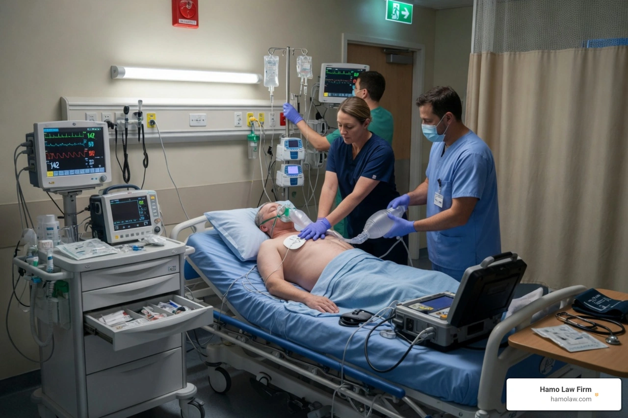 Emergency medical team performing life-saving resuscitation on patient
