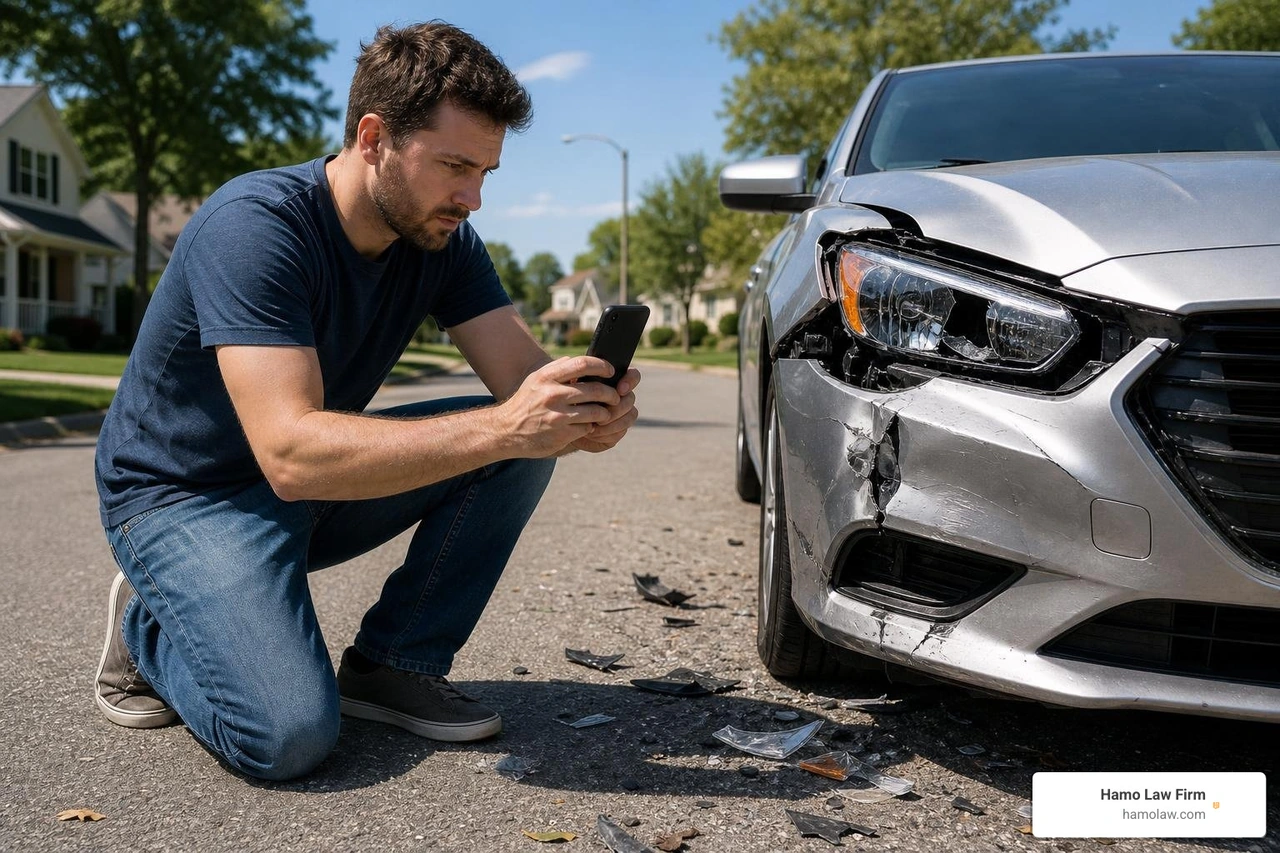 Driver documenting car damage and collecting scene evidence after a Michigan collision