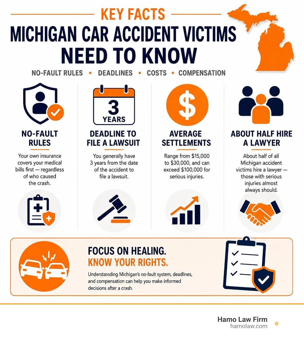 Infographic: key facts Michigan car accident victims need to know — no-fault rules, deadlines, costs, and compensation