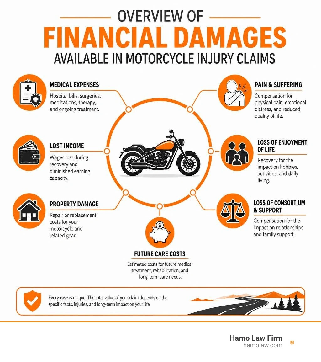 Overview of financial damages available in motorcycle injury claims infographic Overview of financial damages available in motorcycle injury claims infographic