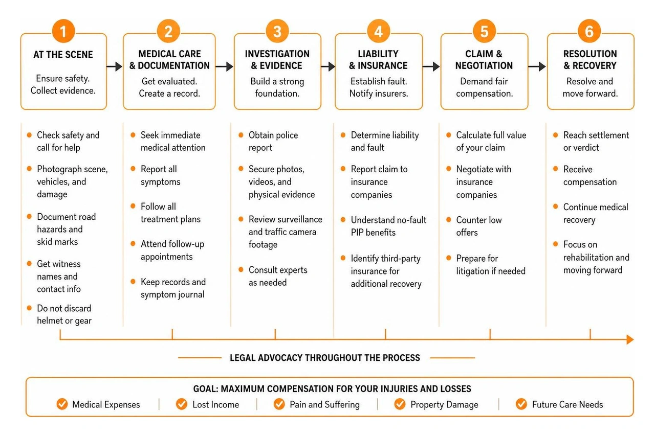 Diagram illustrating motorcycle accident legal process from scene to recovery Diagram illustrating motorcycle accident legal process from scene to recovery