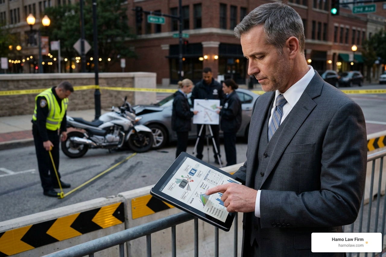 Attorney reviewing crash reconstruction data for motorcycle injury claim Attorney reviewing crash reconstruction data for motorcycle injury claim