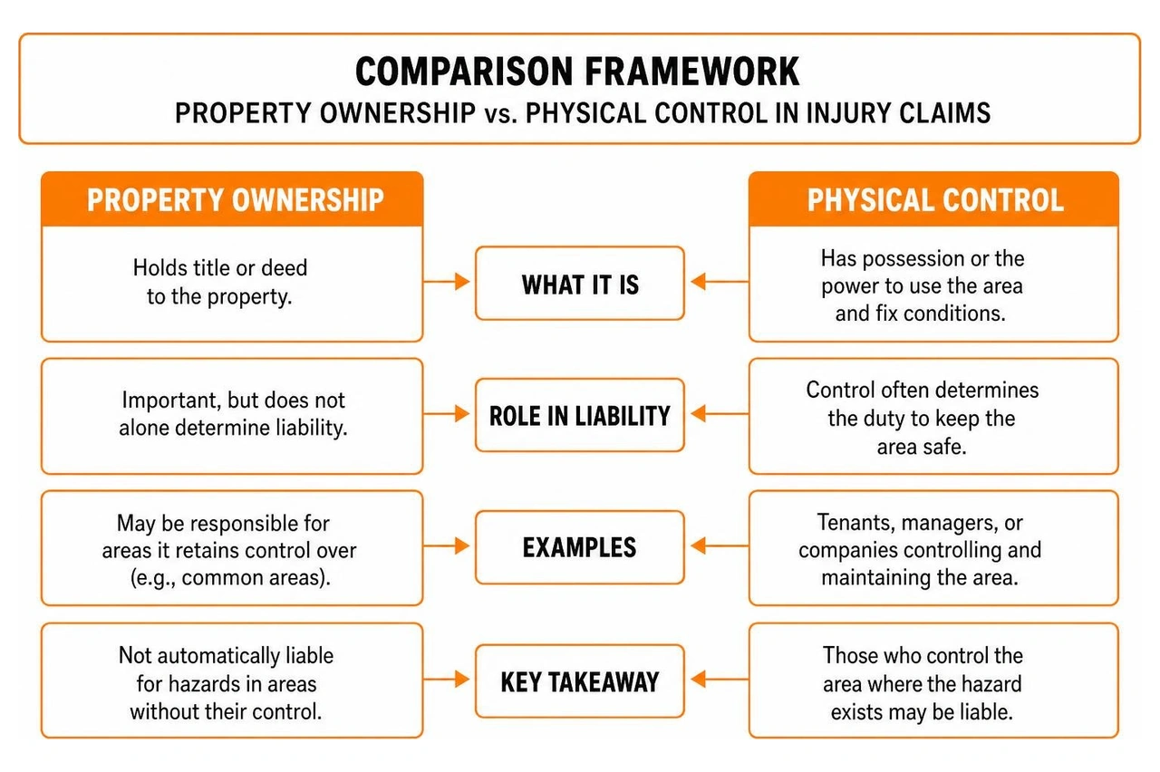 Comparison framework of property ownership versus physical control in injury claims Comparison framework of property ownership versus physical control in injury claims