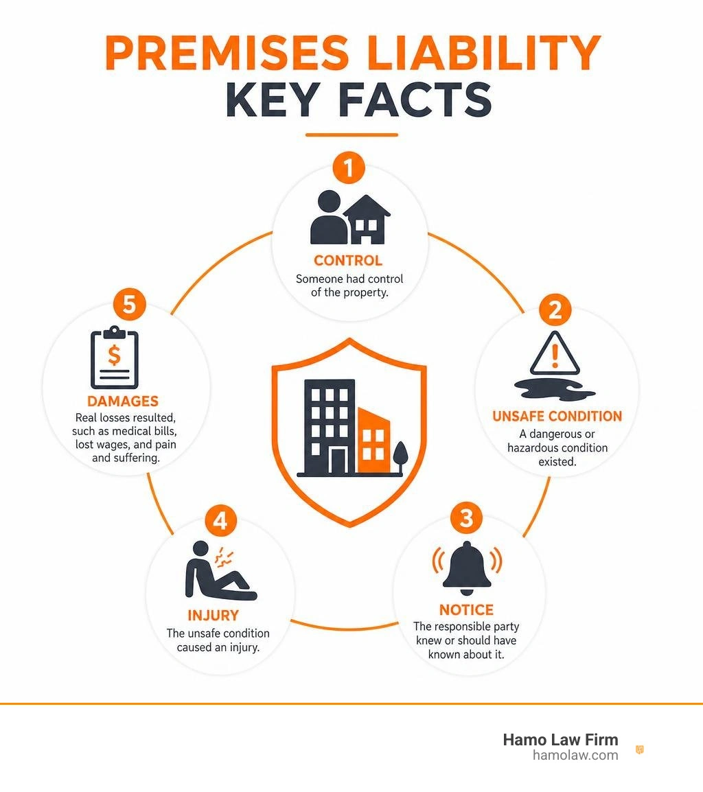 Premises liability key facts: control, unsafe condition, notice, injury, and damages infographic Premises liability key facts: control, unsafe condition, notice, injury, and damages infographic