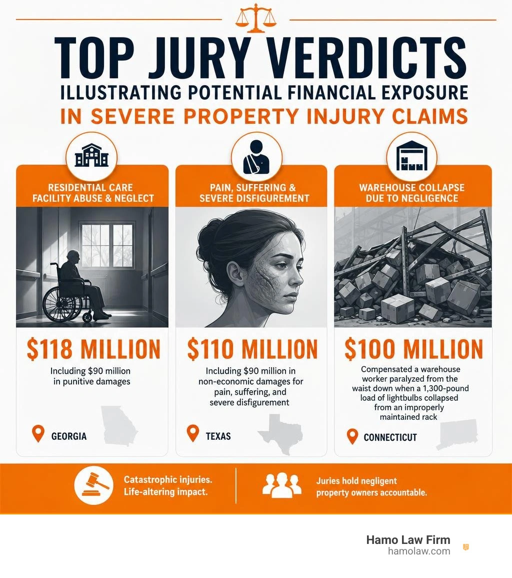 Top jury verdicts illustrating potential financial exposure in severe property injury claims infographic Top jury verdicts illustrating potential financial exposure in severe property injury claims infographic