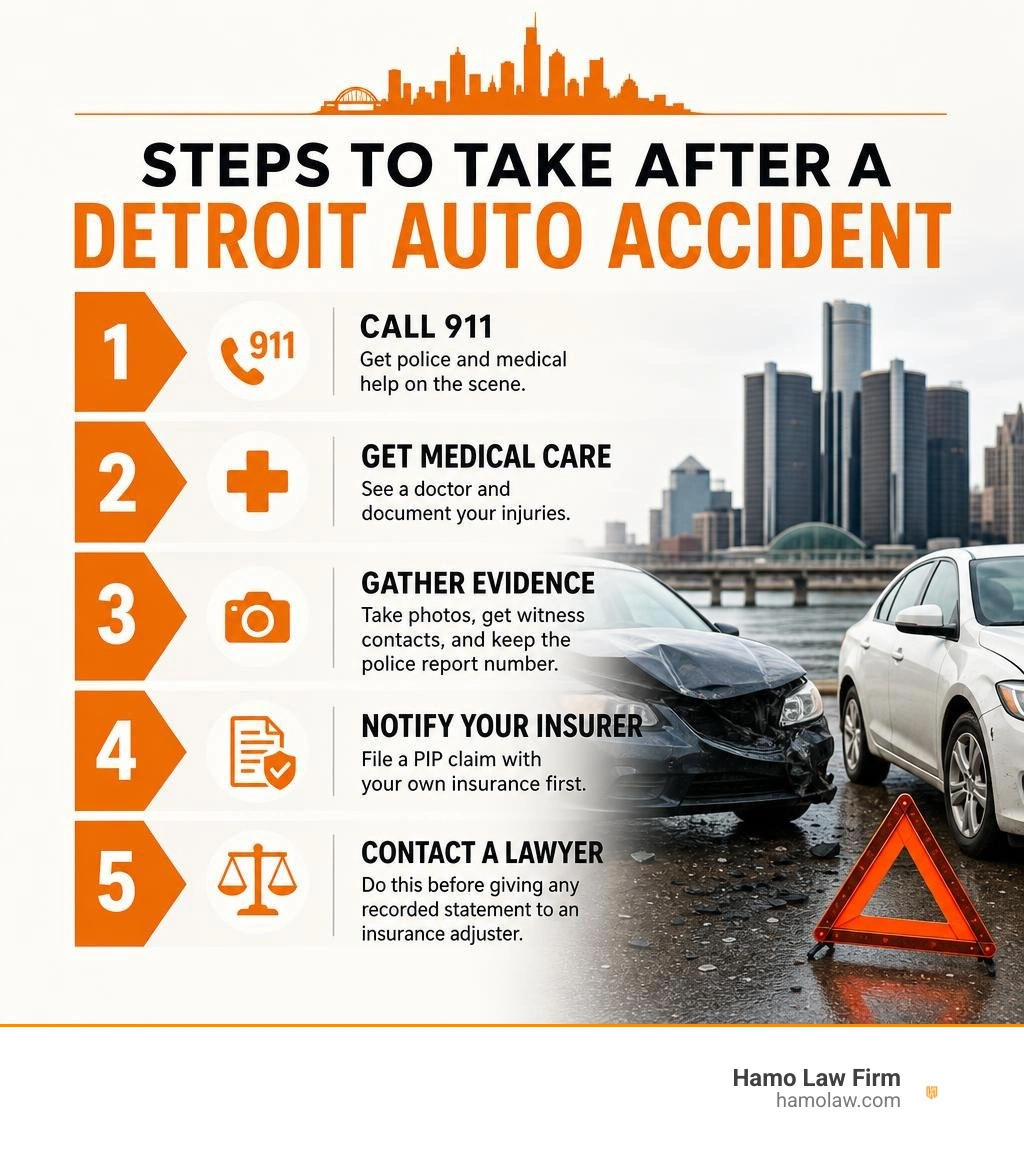 Steps to take after a Detroit auto accident: 911, medical care, evidence, insurer, lawyer infographic Steps to take after a Detroit auto accident: 911, medical care, evidence, insurer, lawyer infographic