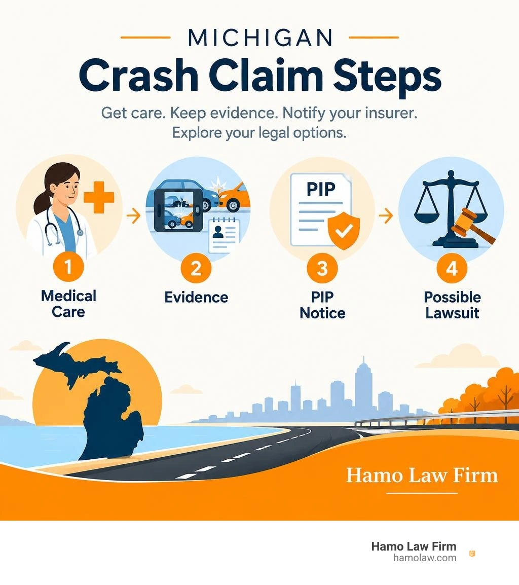 Michigan crash claim steps: medical care, evidence, PIP notice, and possible lawsuit infographic Michigan crash claim steps: medical care, evidence, PIP notice, and possible lawsuit infographic