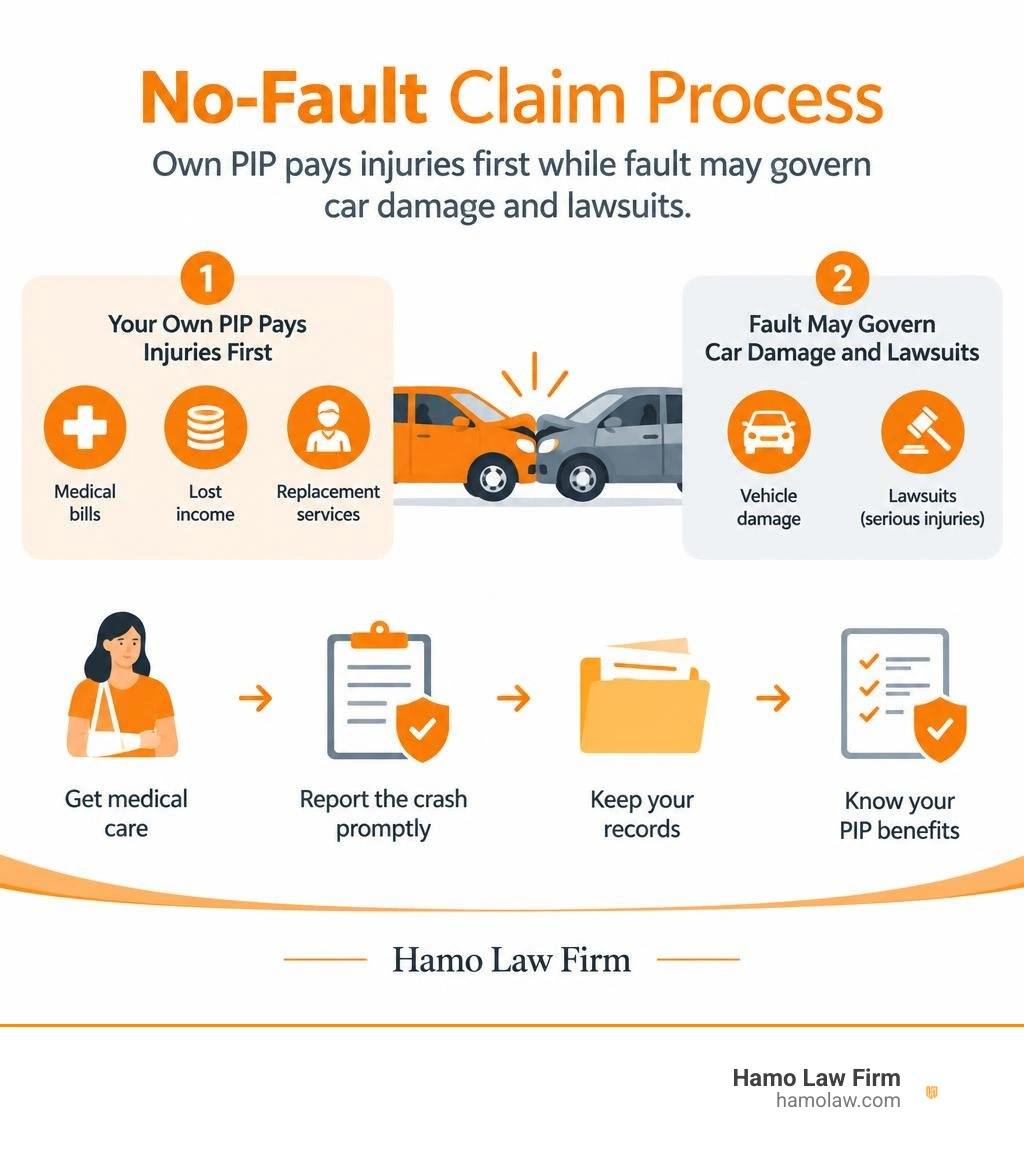 No-fault claim process: own PIP pays injuries first while fault may govern car damage and lawsuits infographic No-fault claim process: own PIP pays injuries first while fault may govern car damage and lawsuits infographic
