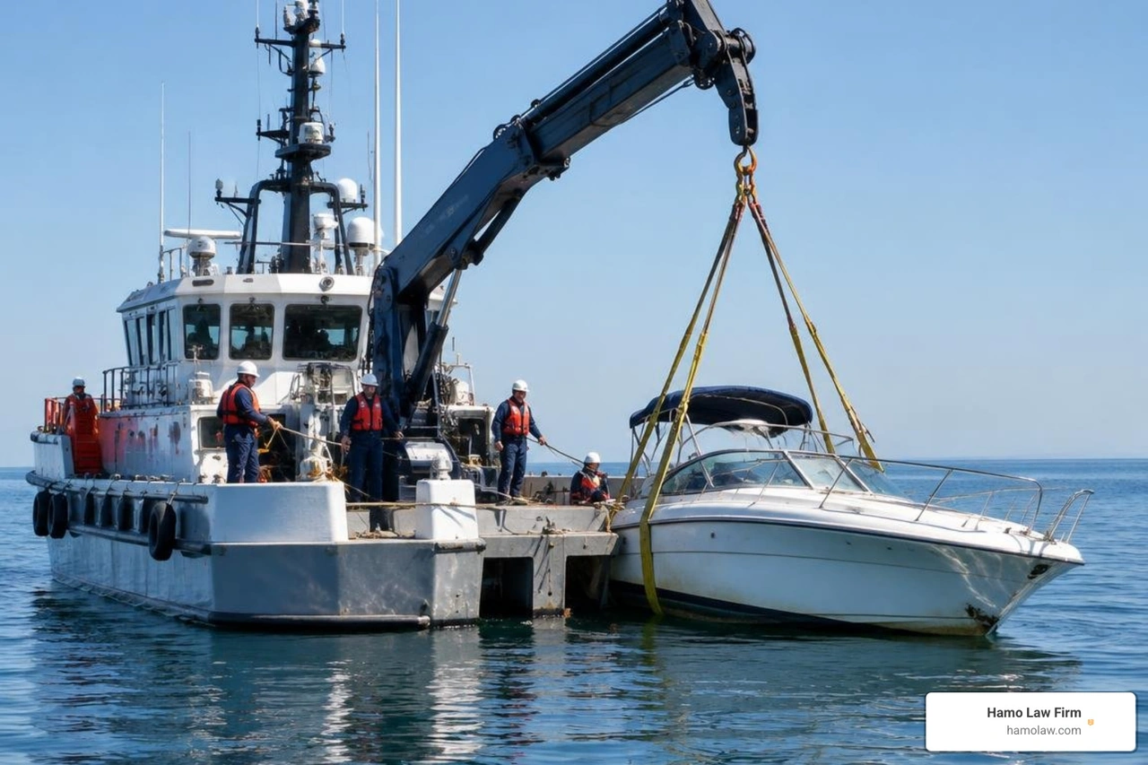 salvage vessel securing a disabled boat