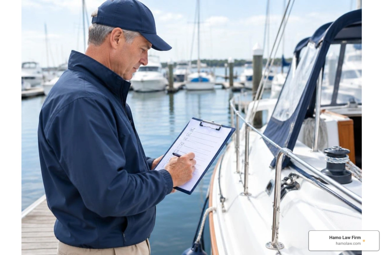 skipper reviewing safety checklist at the marina