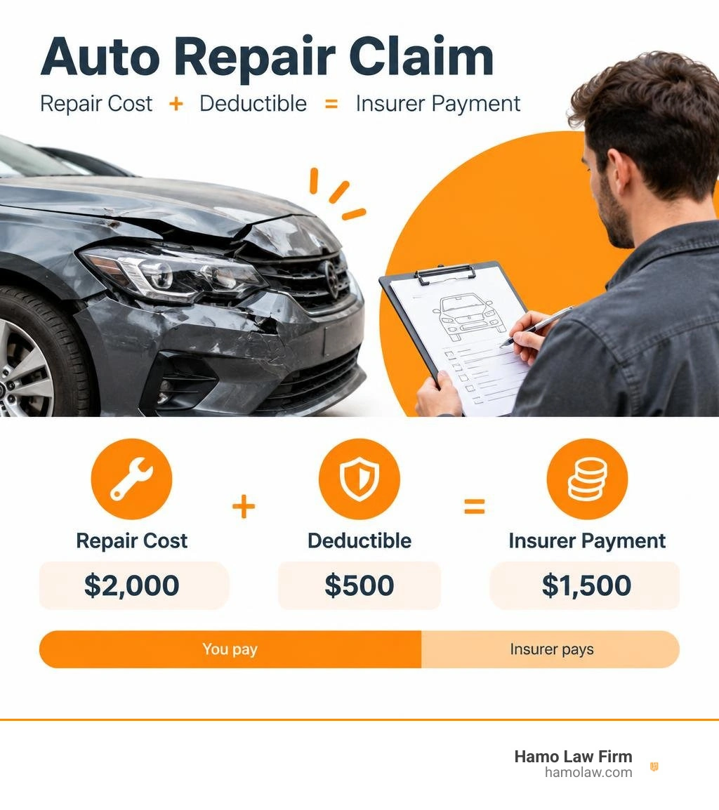 Auto repair claim showing repair cost, deductible, and insurer payment infographic Auto repair claim showing repair cost, deductible, and insurer payment infographic