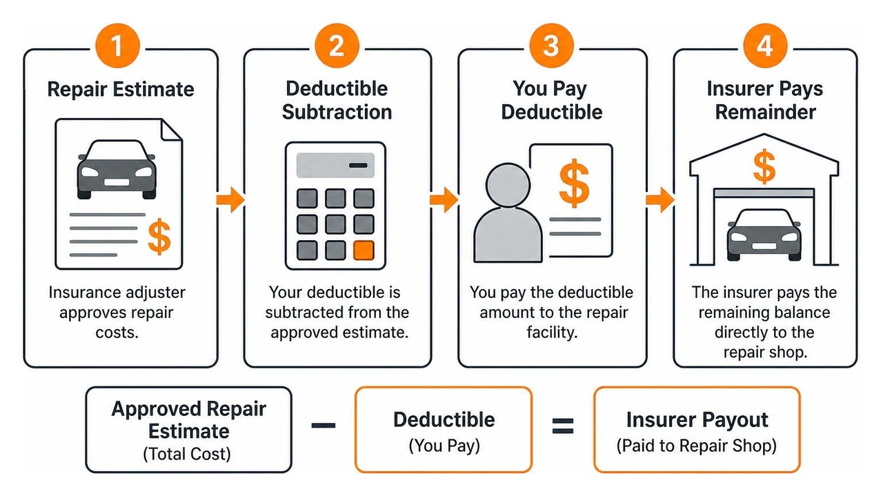Step-by-step claim settlement process showing repair estimate, deductible subtraction, and insurer payout Step-by-step claim settlement process showing repair estimate, deductible subtraction, and insurer payout