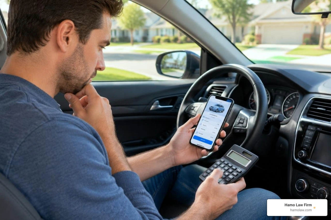 driver calculating emergency savings and car insurance deductible trade-offs driver calculating emergency savings and car insurance deductible trade-offs