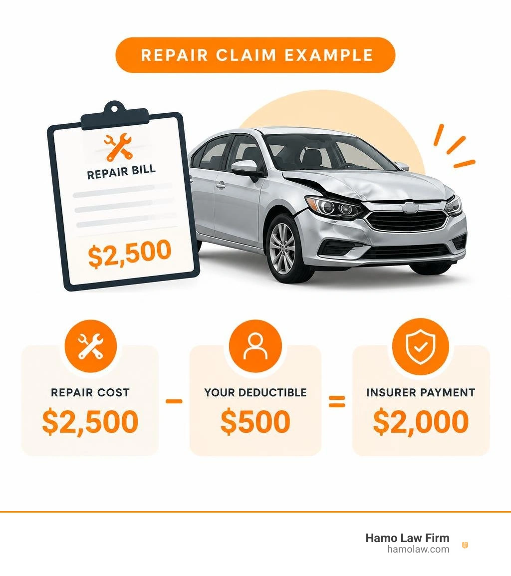 repair claim example showing a 2500 dollar bill, 500 dollar deductible, and 2000 dollar insurer payment infographic repair claim example showing a 2500 dollar bill, 500 dollar deductible, and 2000 dollar insurer payment infographic