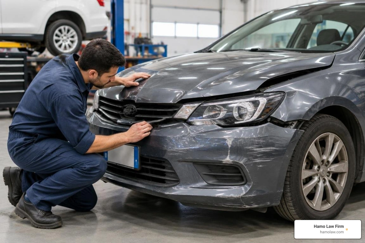 damaged vehicle undergoing professional body shop inspection damaged vehicle undergoing professional body shop inspection