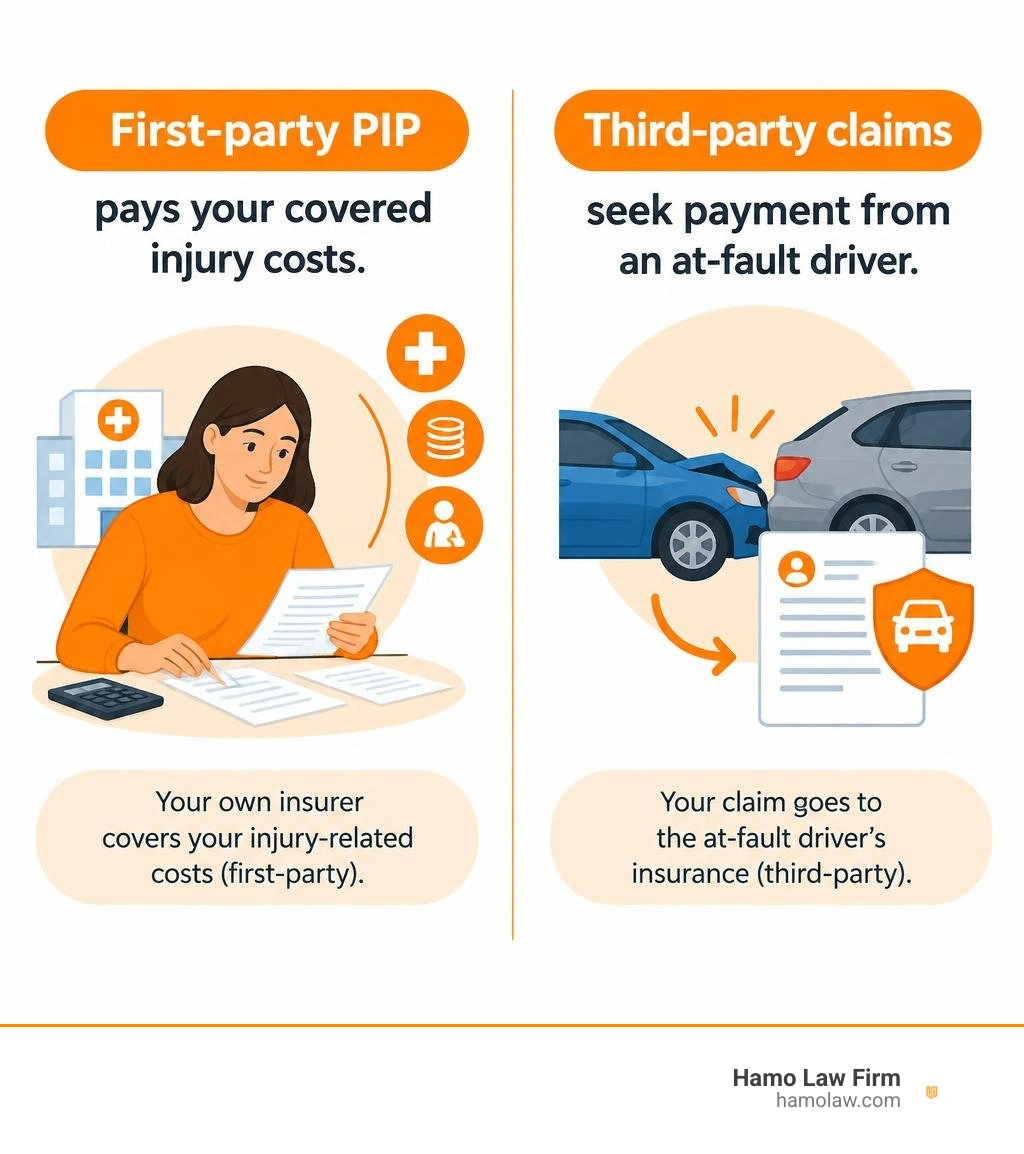 First-party PIP pays your covered injury costs; third-party claims seek payment from an at-fault driver infographic First-party PIP pays your covered injury costs; third-party claims seek payment from an at-fault driver infographic
