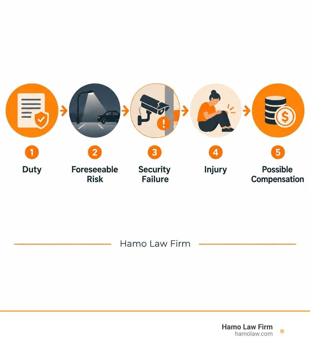 Infographic showing duty, foreseeable risk, security failure, injury, and possible compensation infographic Infographic showing duty, foreseeable risk, security failure, injury, and possible compensation infographic