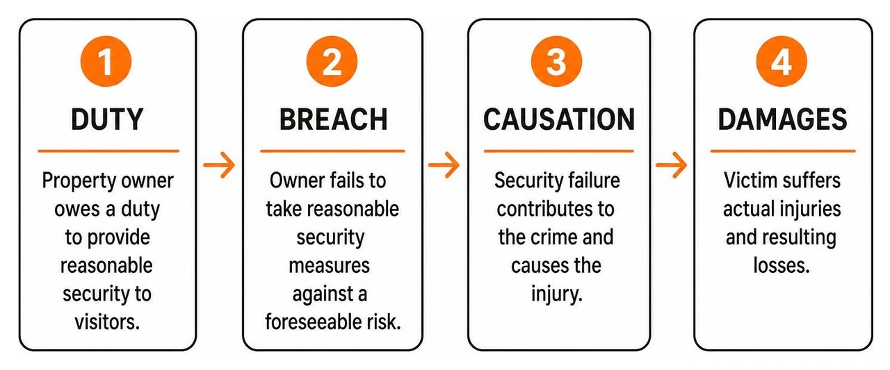 Diagram mapping premises liability negligence elements from duty to breach, causation, and damages Diagram mapping premises liability negligence elements from duty to breach, causation, and damages