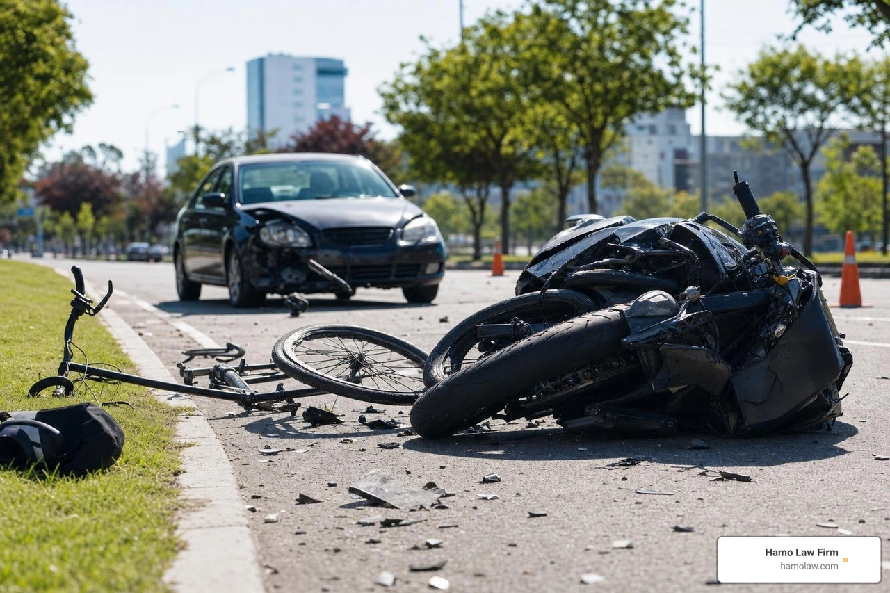 Damaged bicycle and motorcycle involved in a traffic collision Damaged bicycle and motorcycle involved in a traffic collision
