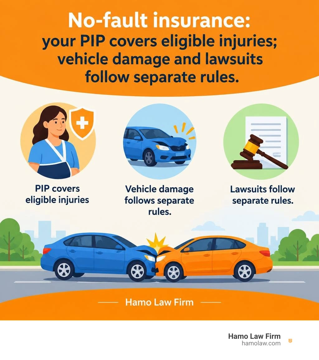 No-fault insurance: your PIP covers eligible injuries; vehicle damage and lawsuits follow separate rules infographic