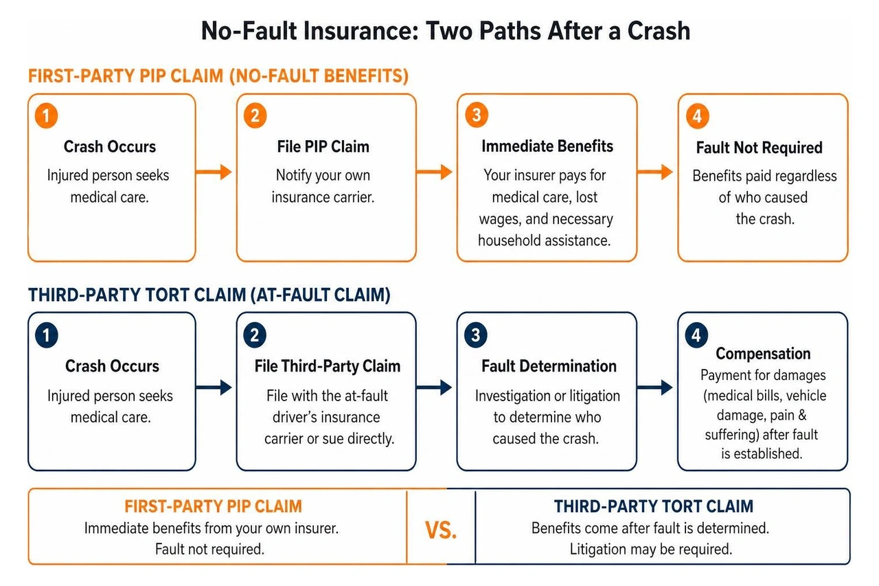 process flow comparing first-party PIP claims to third-party tort claims