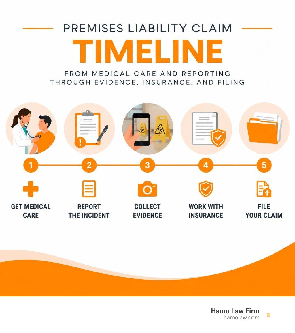 Premises liability claim timeline from medical care and reporting through evidence, insurance, and filing infographic