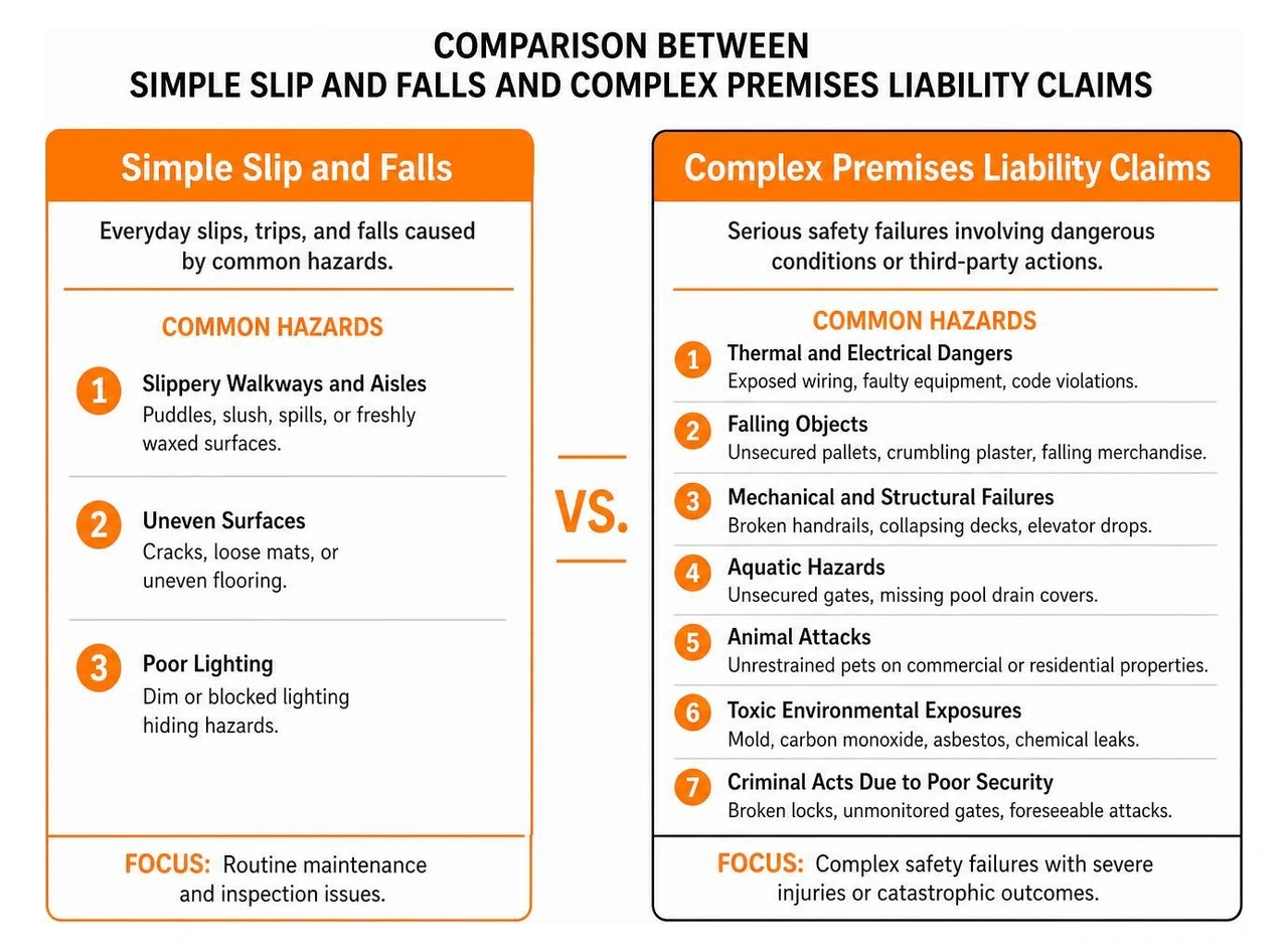 Comparison between simple slip and falls and complex premises liability claims