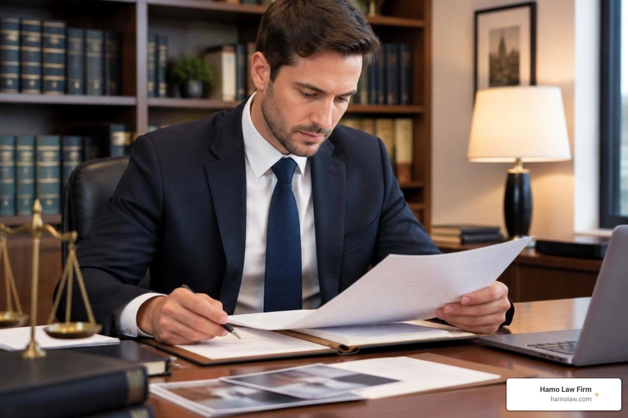 Attorney reviewing evidence and building a premises liability claim