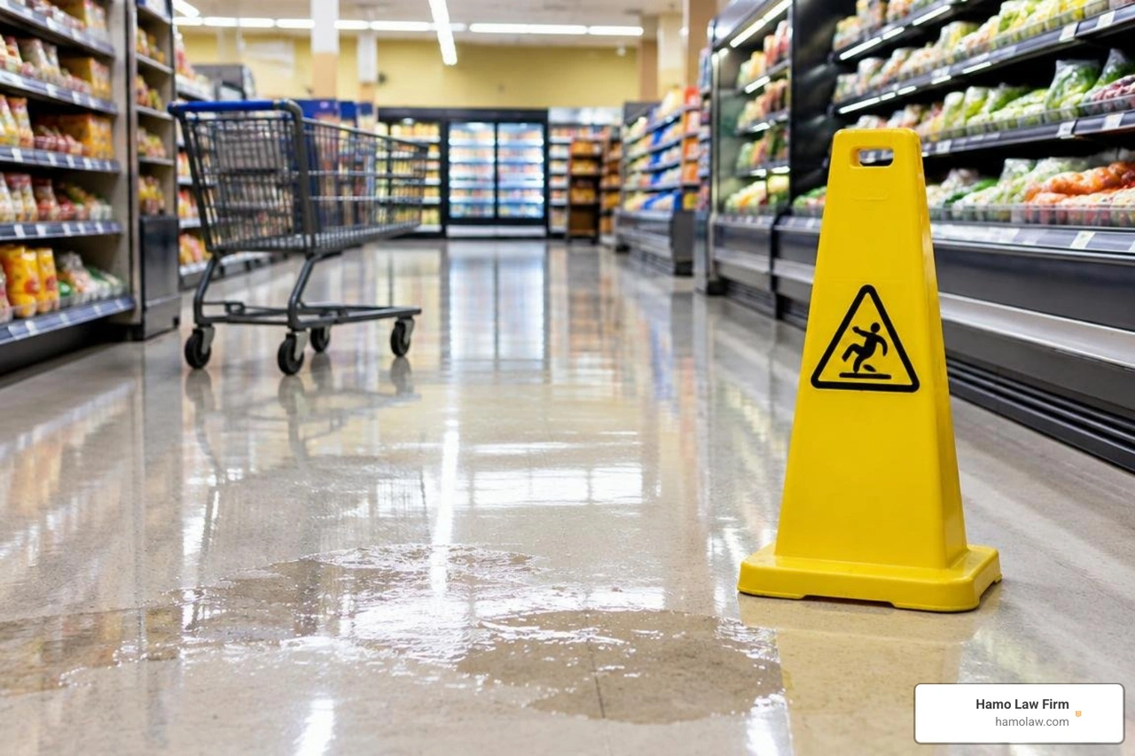 Wet floor in a grocery store